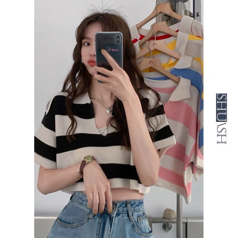 ELEVEN-Fashion Stripe Blouse For Women V-neck Short Sleeve Casual Loose ...