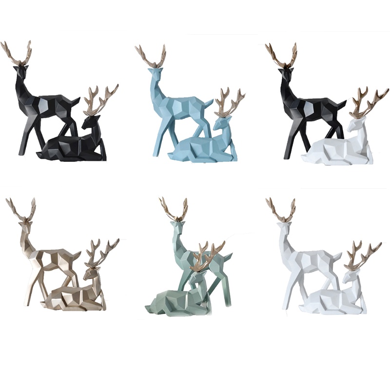 RR 2Pcs Nordic Style Geometric Elk Sculpture Sitting Standing Deer