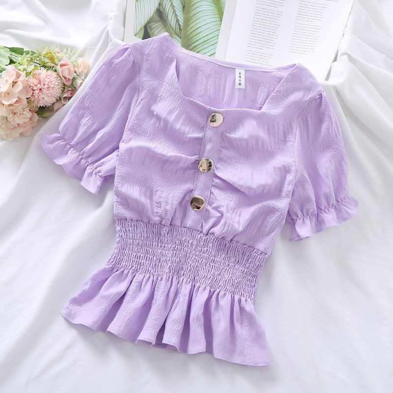 2021 Summer Ladies Korean Version Ruffled Blouse In Solid Color With Waist Tucked And Short Sleeves