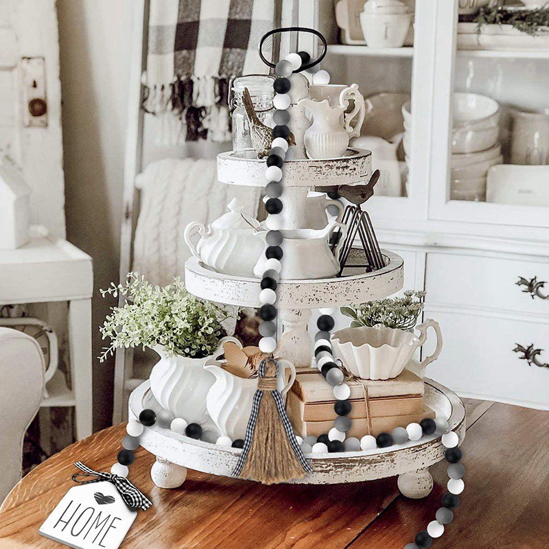 2 Pack Black&White Wood Bead Garland Set with Tassel Rustic Farmhouse Tiered Tray Decorations Country Rustic
