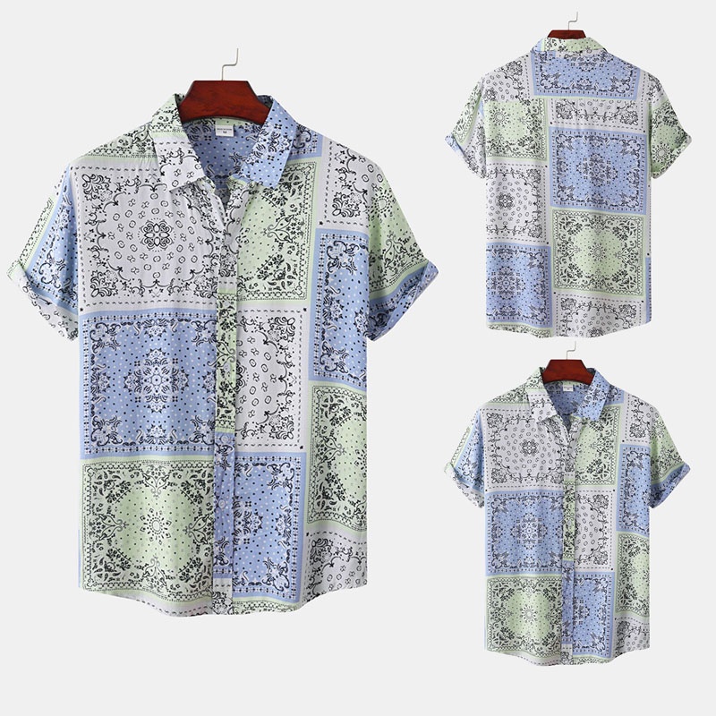 Men's Retro Ethnic Printed Floral Short Sleeve Shirt Loose Casual Plus ...