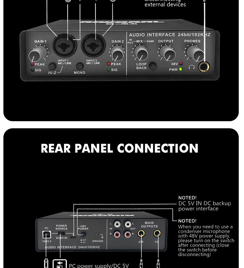 RIWORAL Q24 Sound Card Professional Audio interface System Stereo Mono USB 24bit 192 KHz