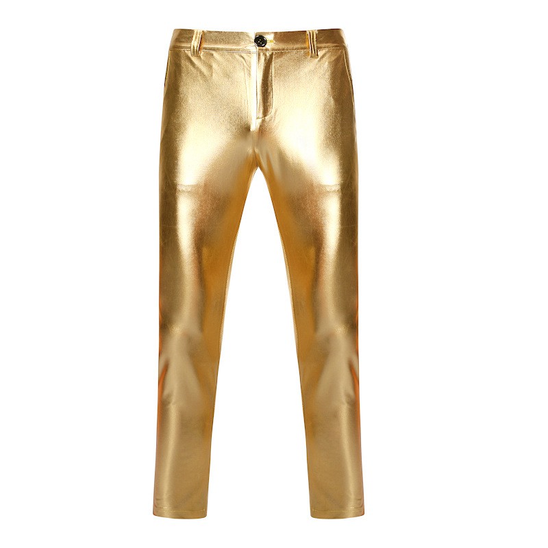 Motorcycle PU Leather Pants Men Brand Skinny Shiny Gold Coated Metallic