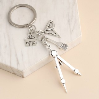 New Home Keychain Building Key Ring Triangular Rule Brush Conpass House Key Chain For Architect Engineer Drawing Jewelry