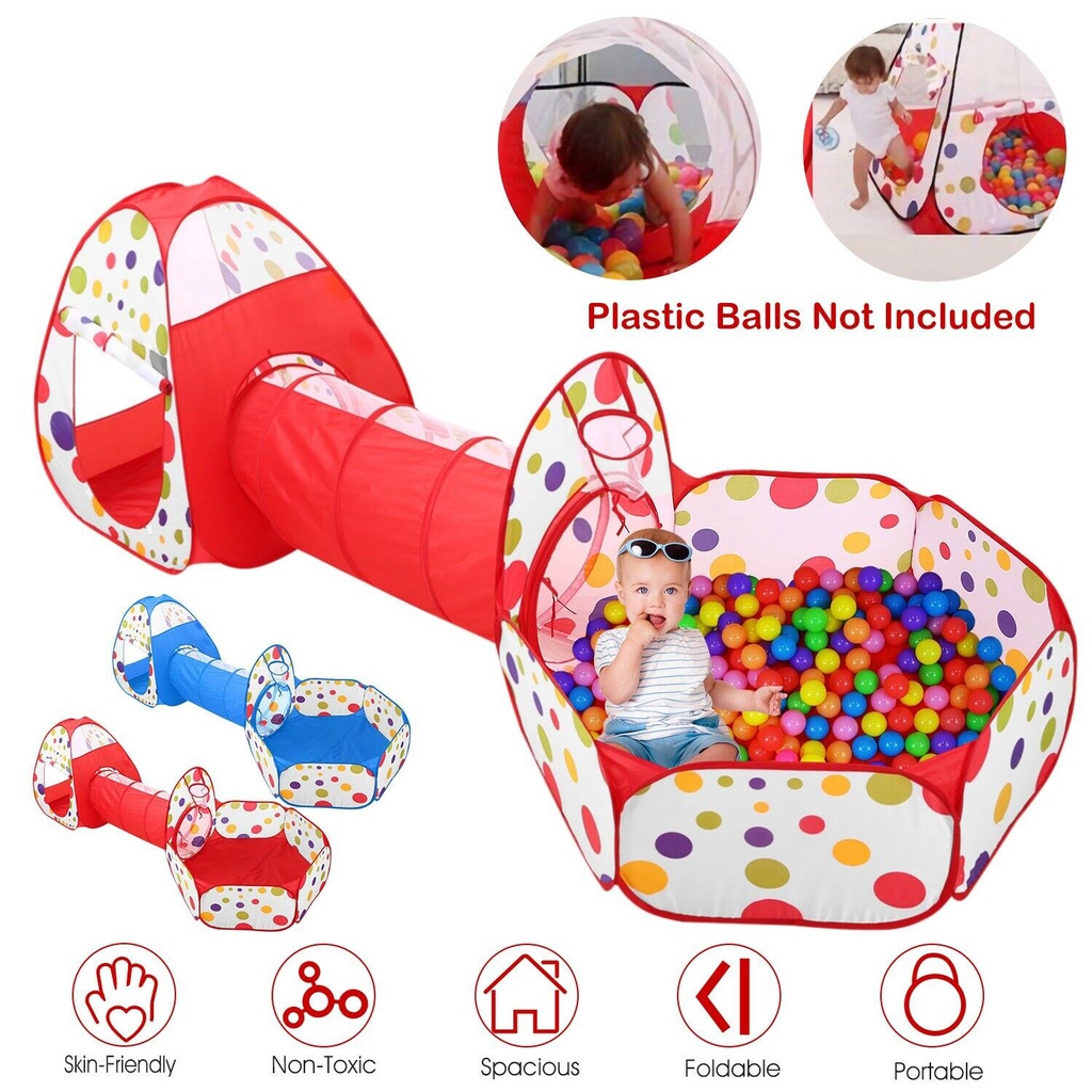 3 in 1 Kids Play Tent with Play Tunnel Ball Pit Basketball Hoop