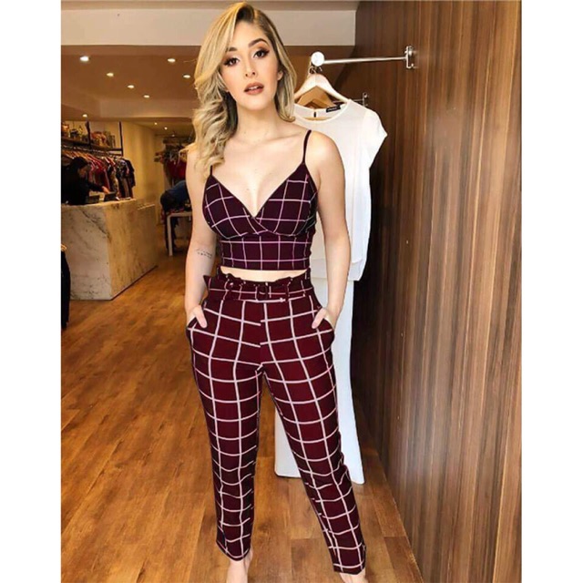 Checkered Terno Set (Crop Top+Pants) | Shopee Philippines