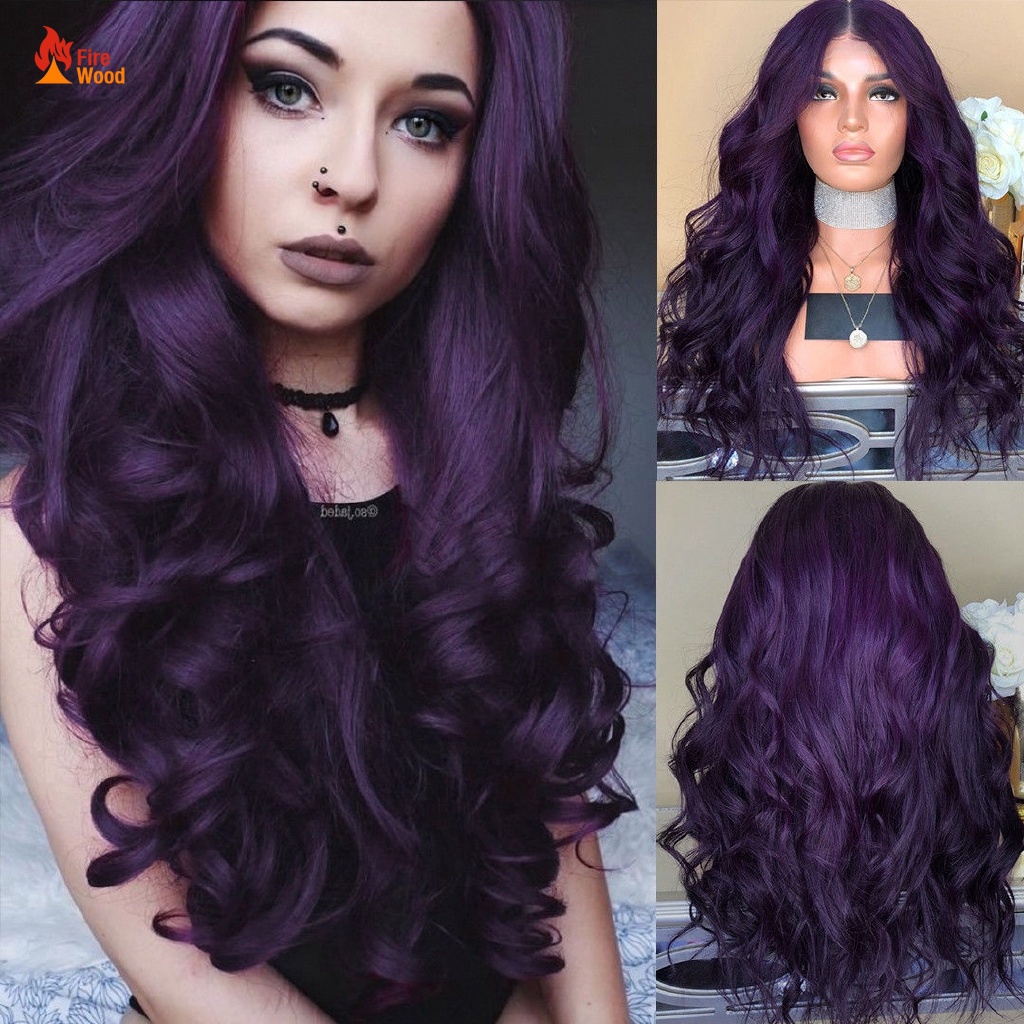 70 Cm Women Long Curly Wavy Wig Synthetic Hair Purple Color
