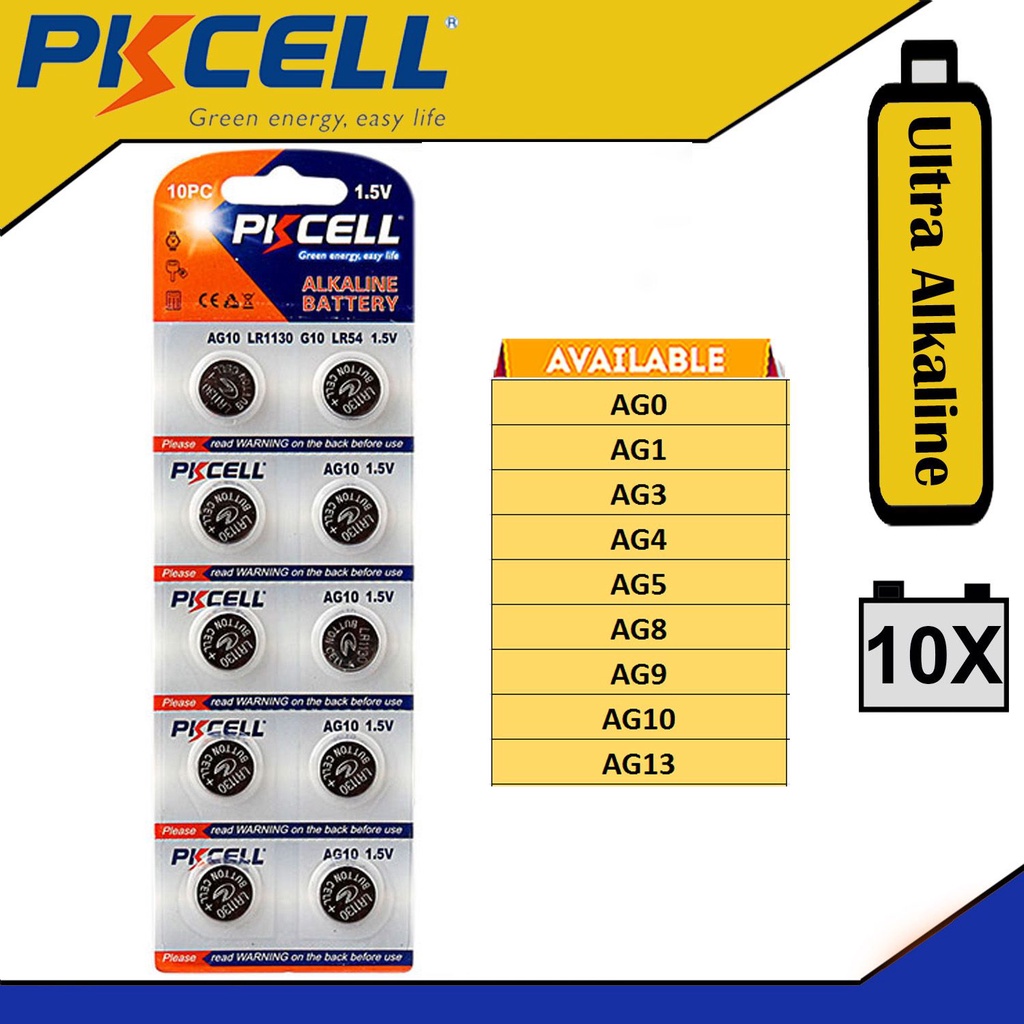 PKCELL 10pcs 1.5V Button Battery (AG0 | AG1 | AG3 | AG4 | AG5 | AG8 | AG9 | AG10 | AG13) Alkaline