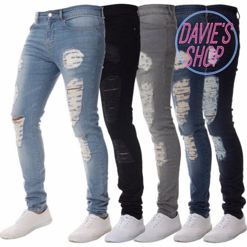 Men’s Stretchable Skinny Jeans Denim Tattered Ripped Manong Pants for Men #9