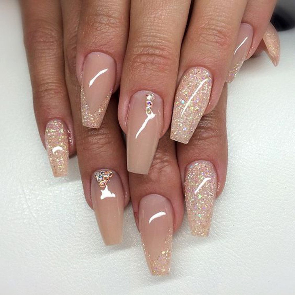 Nude With Rhinestones And Multi Colored Glitters Gel Nails Shopee Philippines