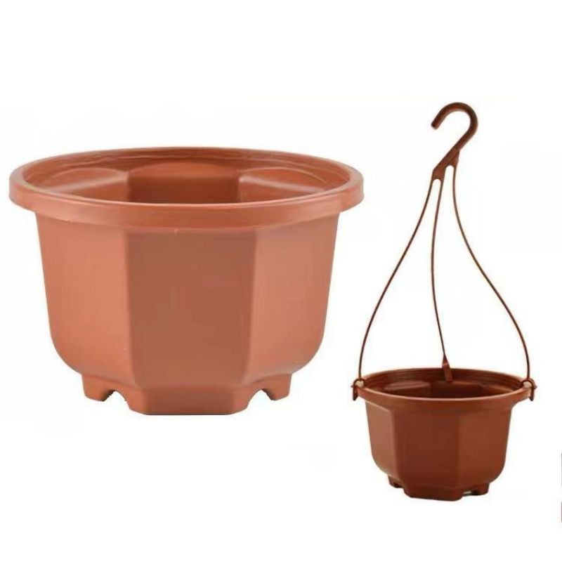 (46th) 2 Decagon brown hanging Plastic Pots Plant Holder Flower Pots