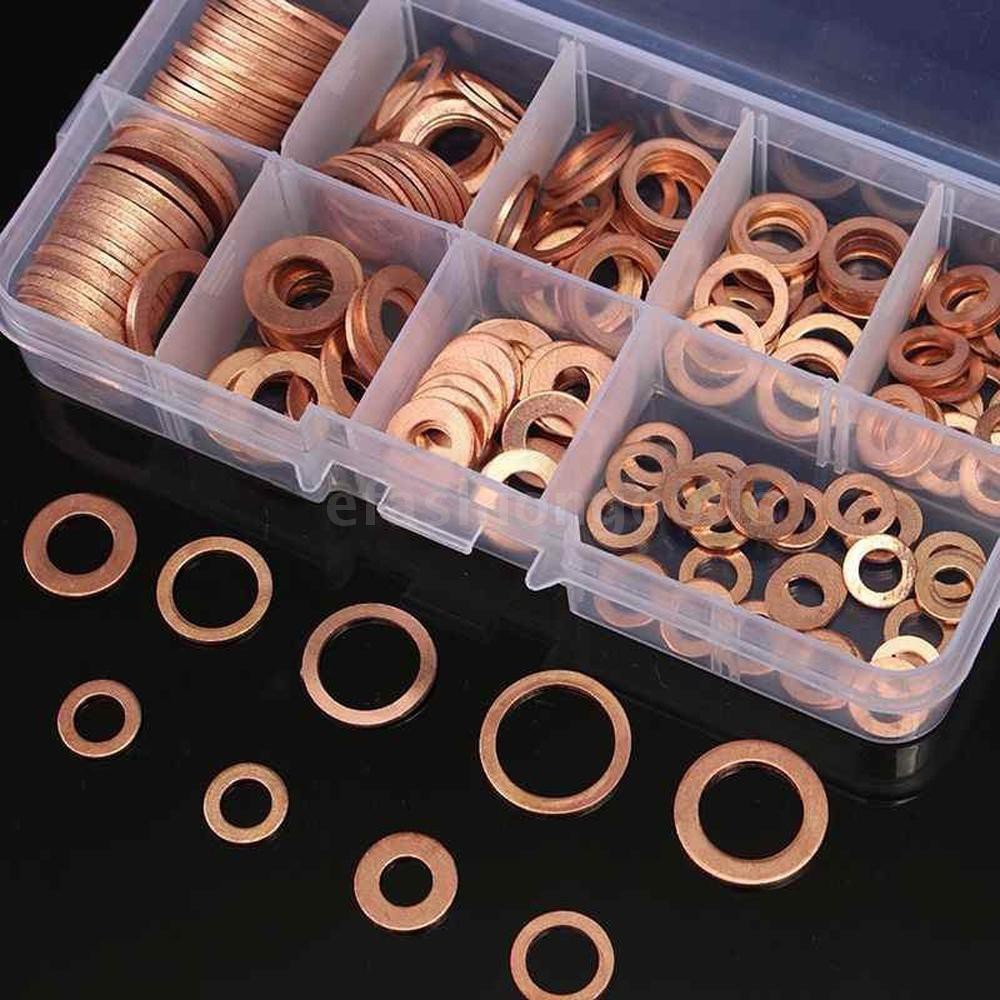 Number of Pcs : 200pcs 200Pcs Copper Washer Gasket Nut And Bolt Set Flat Ring Seal Assortment Kit With Box M5/M6/M8/M10/M12/M14 For Sump Plugs 