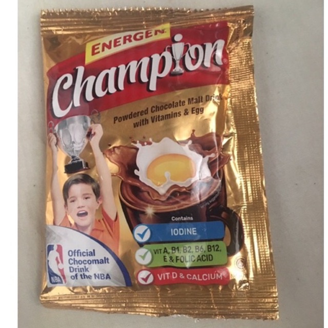 Energen Champion powdered chocolate malt drink with vitamins and egg