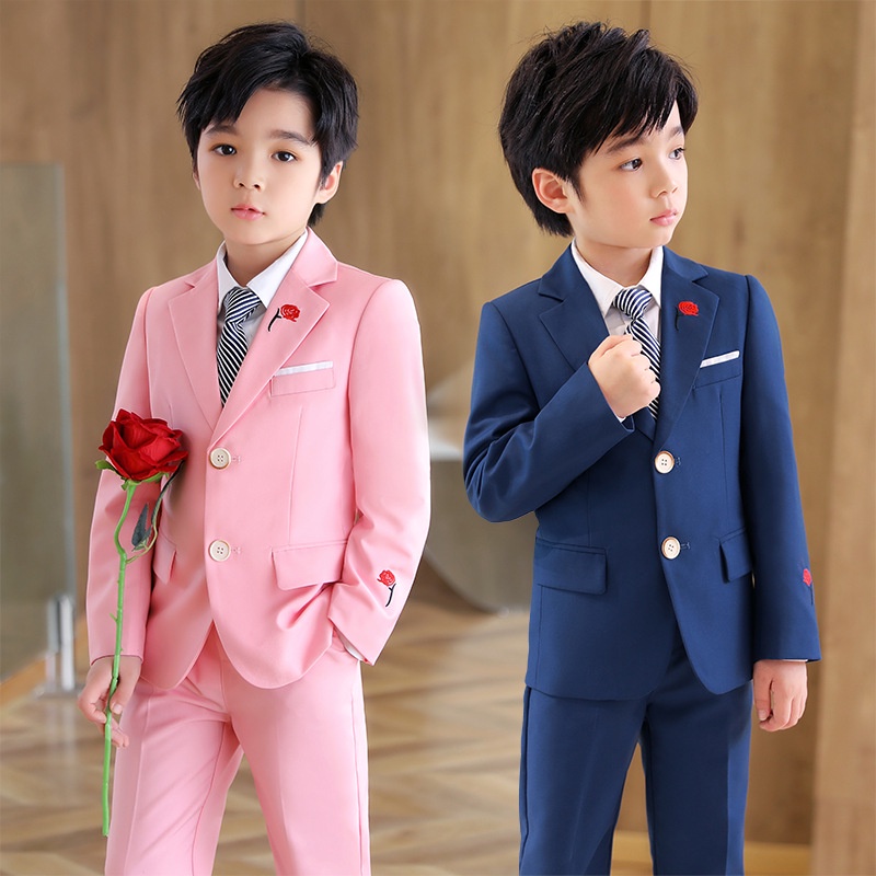 Kid Boys Suit Formal Attire Plaid Navy Pink Blazer Pants Tie Suits Set ...