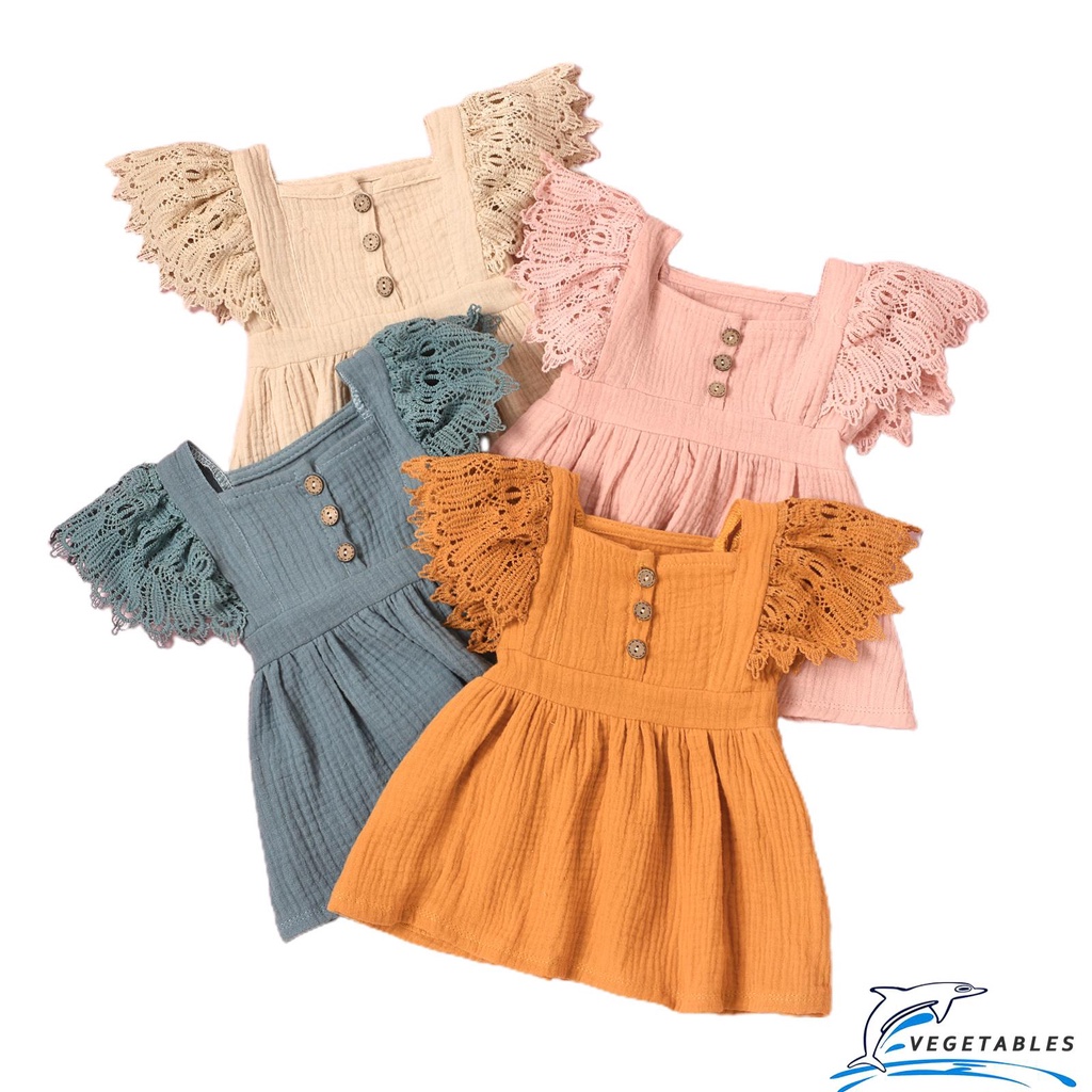 ZHY-Baby Girls Casual Dress, Solid Color Short Fly Sleeves Square Neck One-piece, Tangerine Yellow/ Grey Blue/ Pink/ Apricot