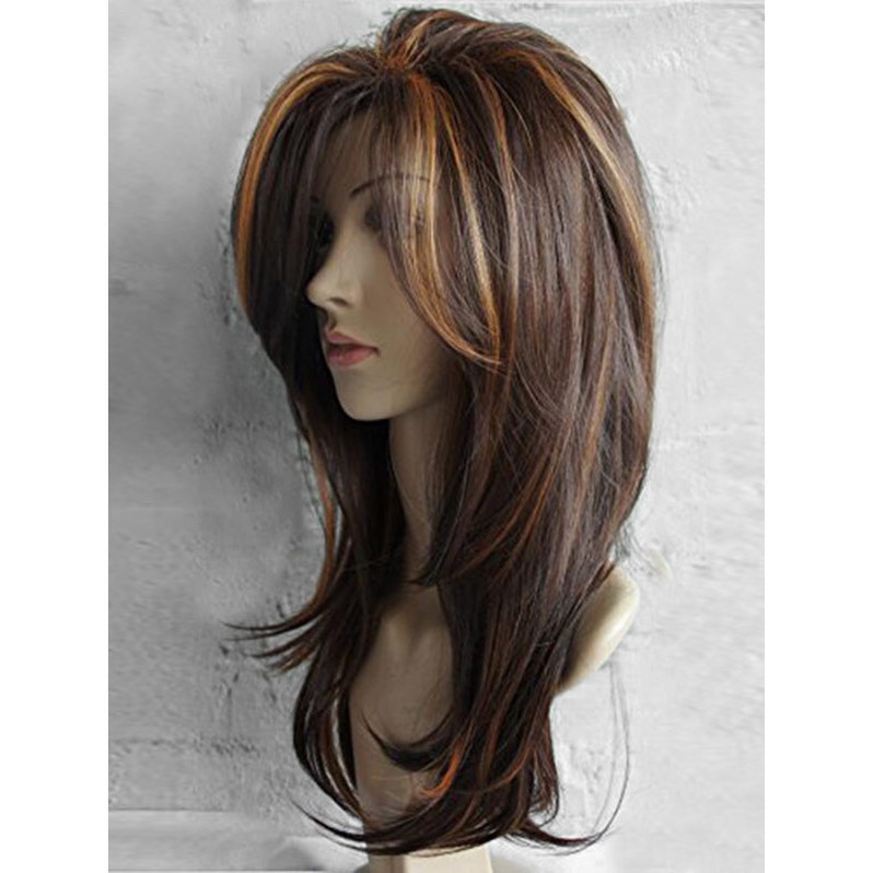 Long Side Bang Highlighted Natural Straight Synthetic Wig Shopee
