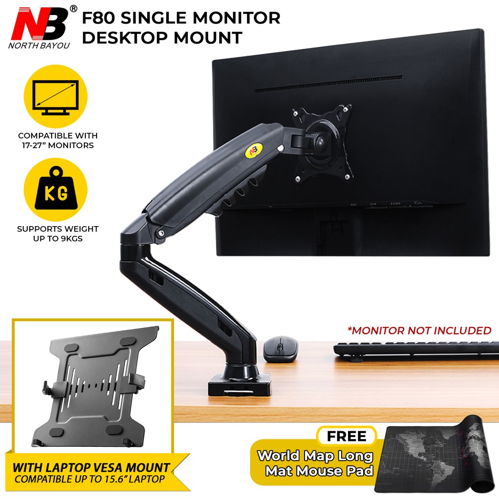 NB North Bayou F80 Monitor Full Motion Desktop Mount for 1727" LCD Monitors w/ Laptop Bracket
