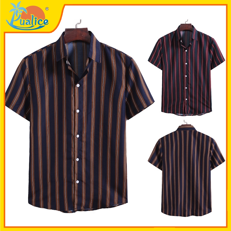 Kemeja Lelaki Men Shirt Stripe Loose Shirt Men Short Sleeve Button ...