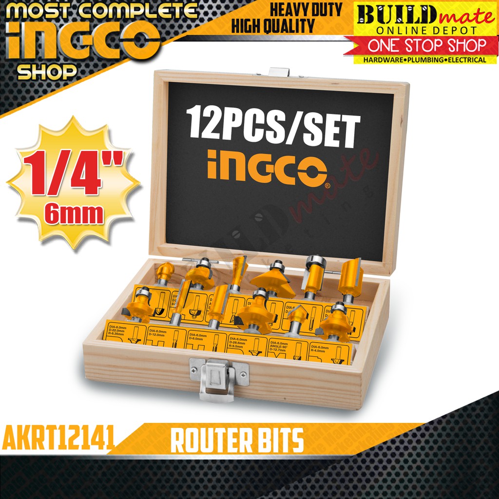 INGCO Router Bits SET 12pcs 6mm (1/4") AKRT12141 Shopee Philippines