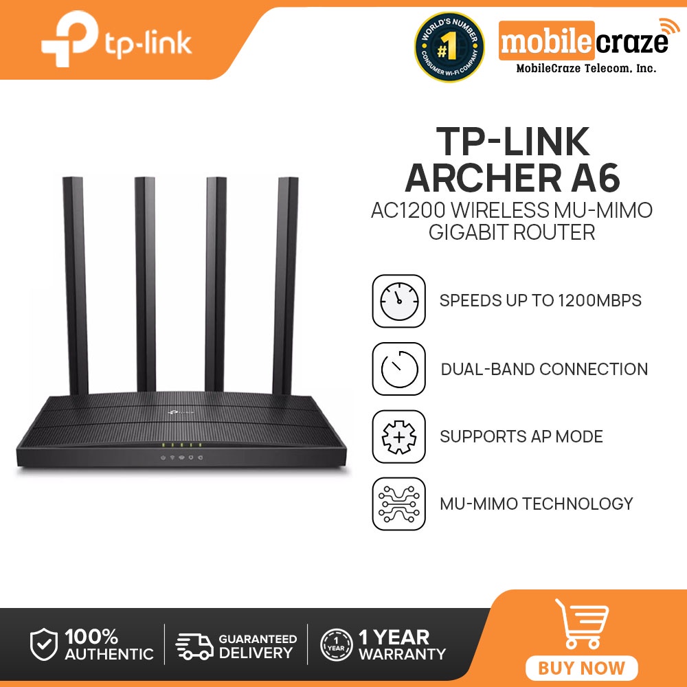 TP-Link Archer A6 AC1200 Wireless MU-MIMO Gigabit Router 2.4GHz & 5GHz ...