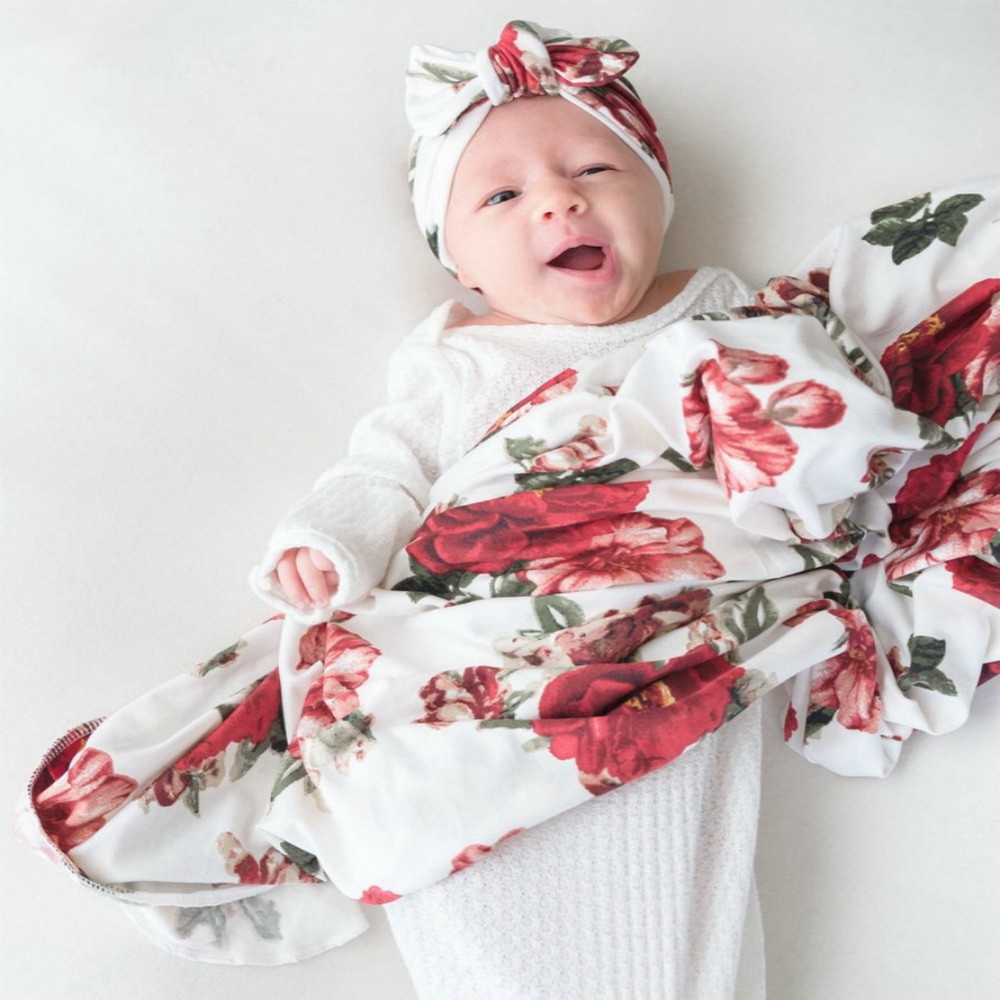 Newborn Receiving Blanket Headband Set Flower Print Baby Swaddle