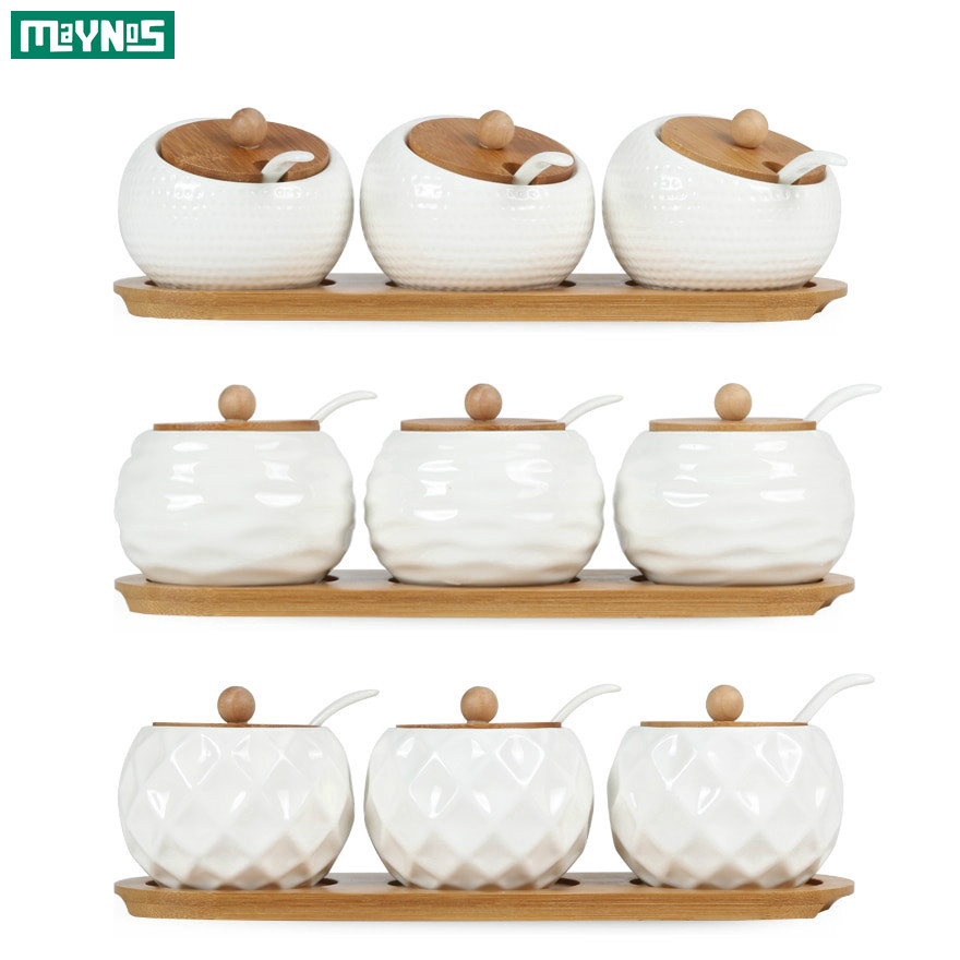 Ceramics Japanese Sugar Bowl Seasoning Pot Salt Pepper Storage Jar with Lid Spoon 
