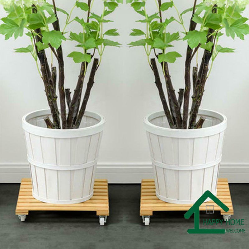 lzndeal Wooden Movable Plant Pot Trolley Trays Plant Stand Caddy with 4 Wheels Rolling Base 