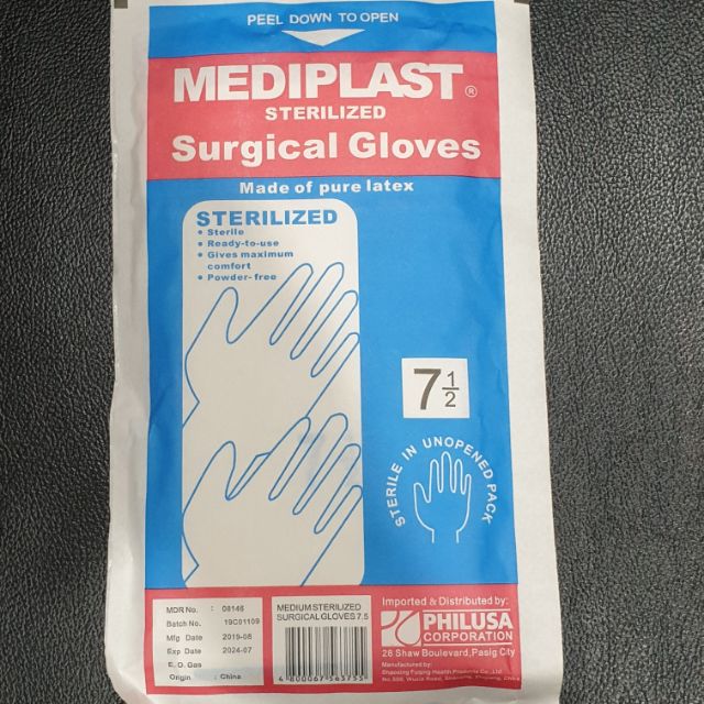 1 Pair Mediplast Sterilized Surgical Gloves Pure Latex Medium 7 or 7.5