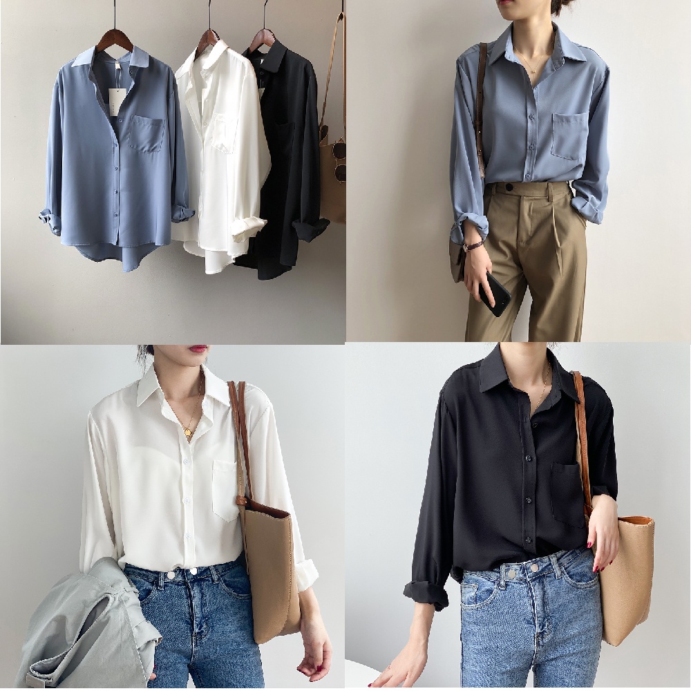 【STOCK+COD】Women Blouse Long Sleeve Solid Color Korean loose Fashion Casual Shirt Wild Plus Size Top #3