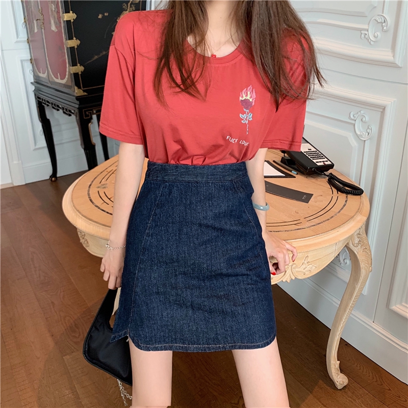 girls red denim skirt