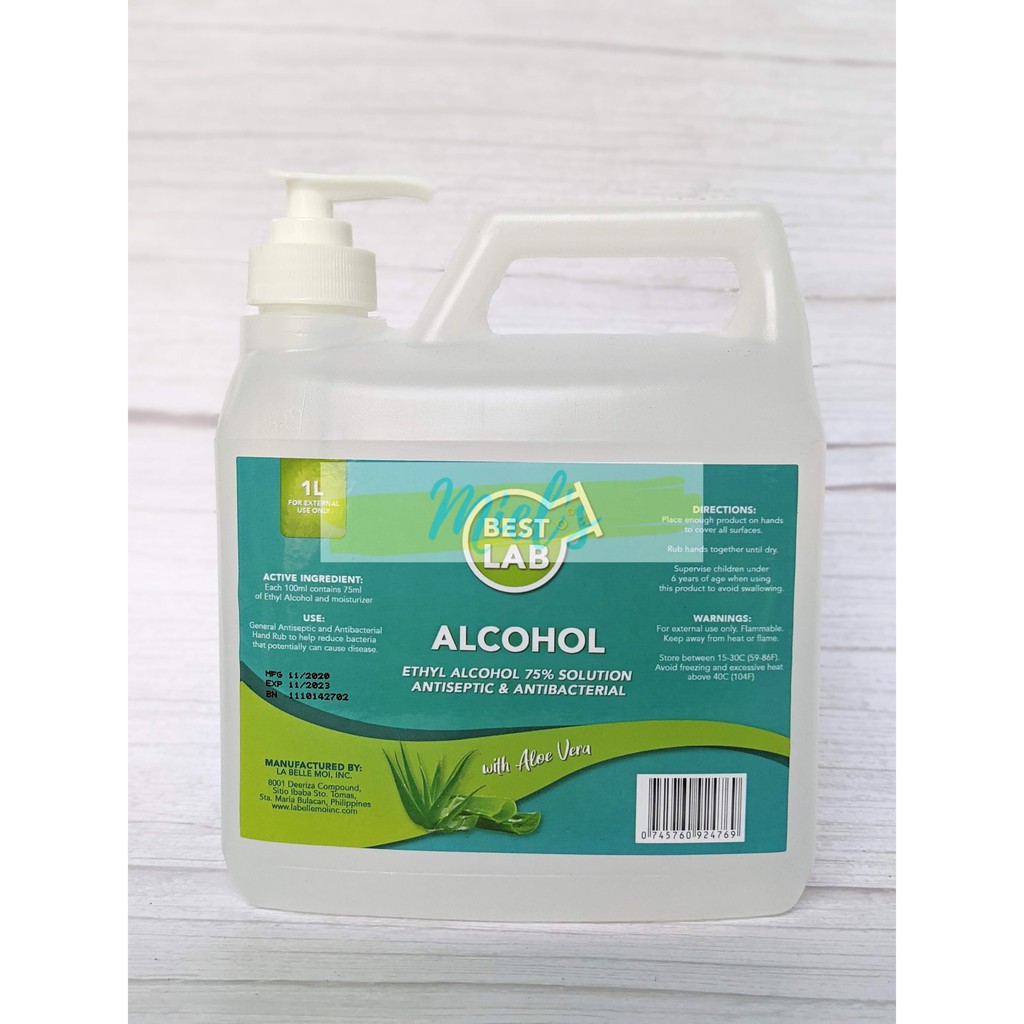 Best Lab Alcohol 1Liter Pump 75 solution Ethyl Alcohol with Aloe Vera