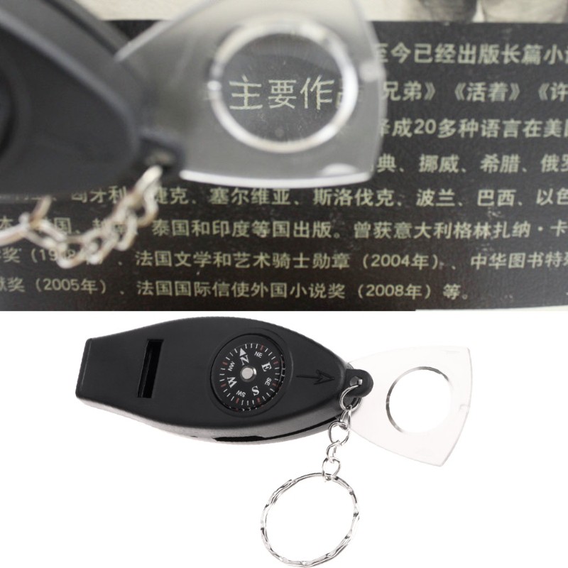 Longsw 4 In1 Outdoor Survival Whistle Compass Magnifier Thermometer Keychain Travel EDC 