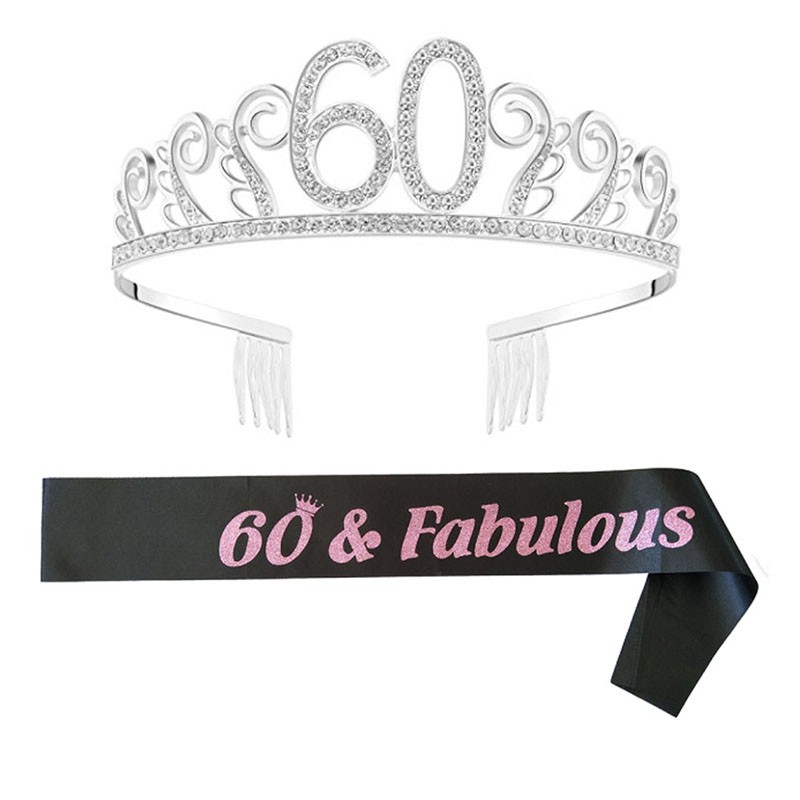 Coucoland Crystal Birthday Crown with Sash Rhinestone Crystal Princess Tiara Headpiece Happy Birthday Accessories 80th 2pcs 