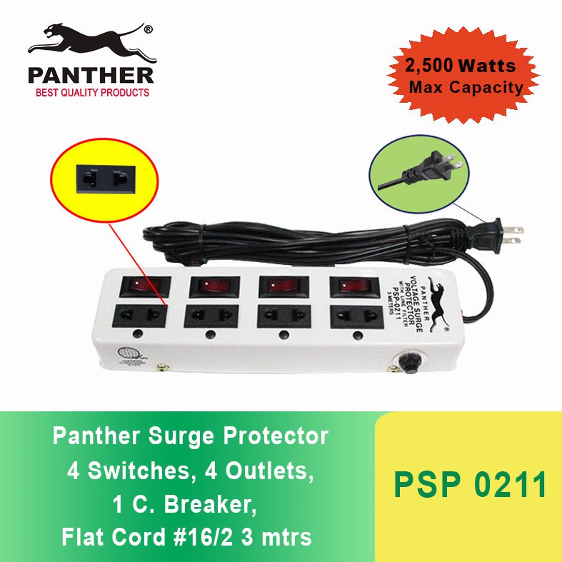 Panther PSP 0211 Extension Cord w/ Voltage Surge Protector 4 Switches 4