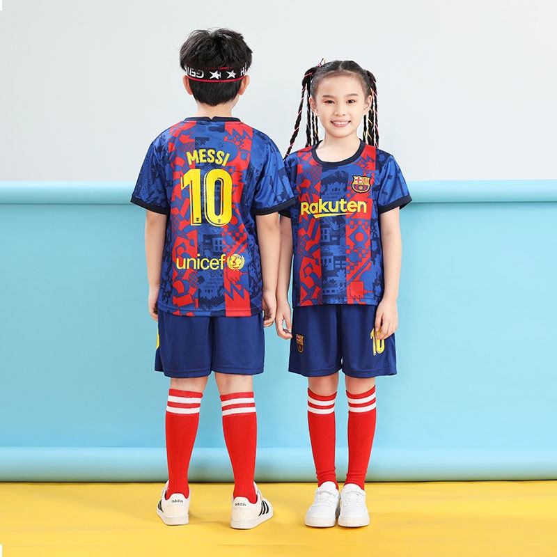 Youth Football Kits For Kids Boys Home #10 Soccer Jersey & Shorts Barcelona Messi Jersey / Shirts Girls & Children 8-9y 