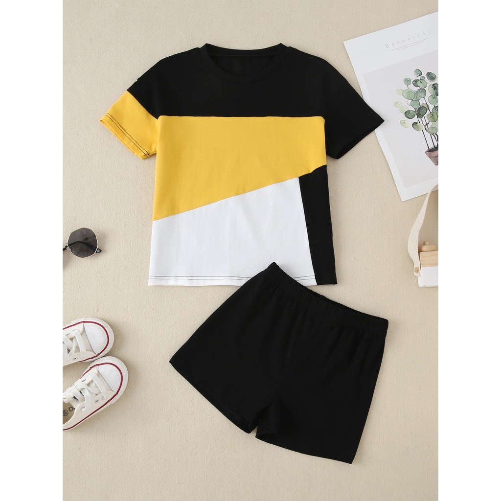 Mikrdoo 1-6 Years Kid Boy 2PCS Summer Clothing Set Toddler Baby Boy Basic Style Color Block Short Sleeves T-shirt Black Shorts Fashion Kid Boy Streetwear Sport Style Outfit