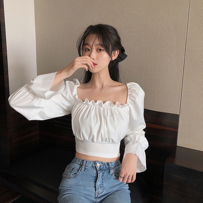 【ava And Ready Stock】korean Women S Puff Sleeve Crop Top Sexy Square Neck Short Chiffon Long