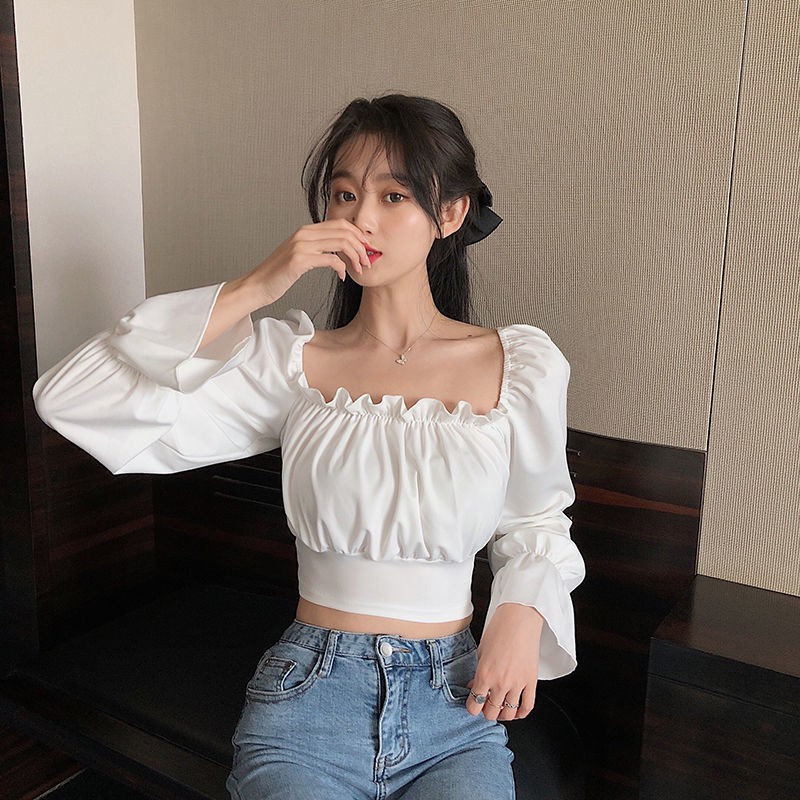 【ava And Ready Stock】korean Womens Puff Sleeve Crop Top Sexy Square Neck Short Chiffon Long 2025