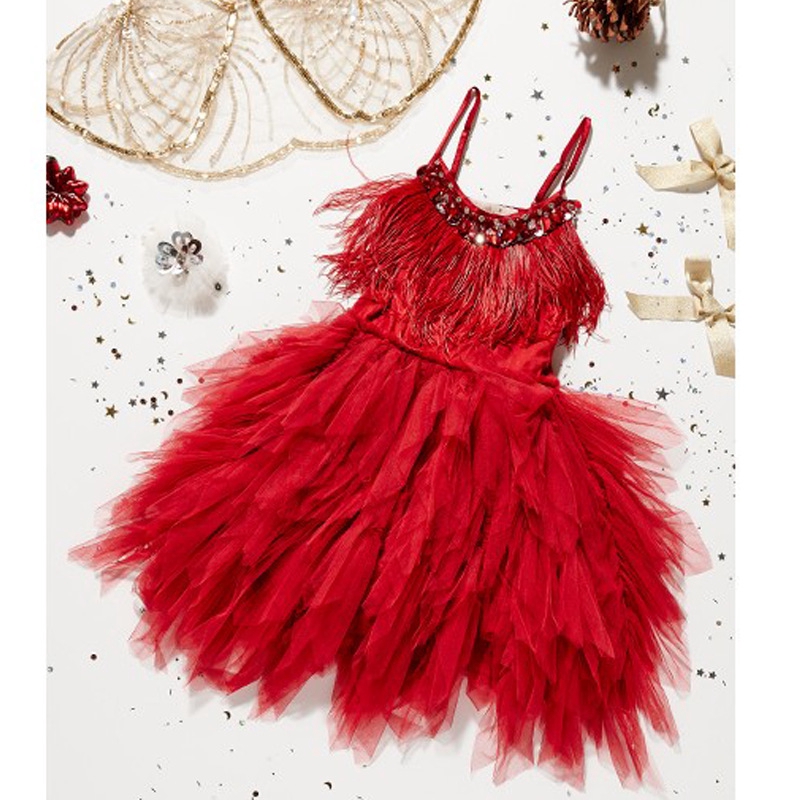 red sequin dress with feathers