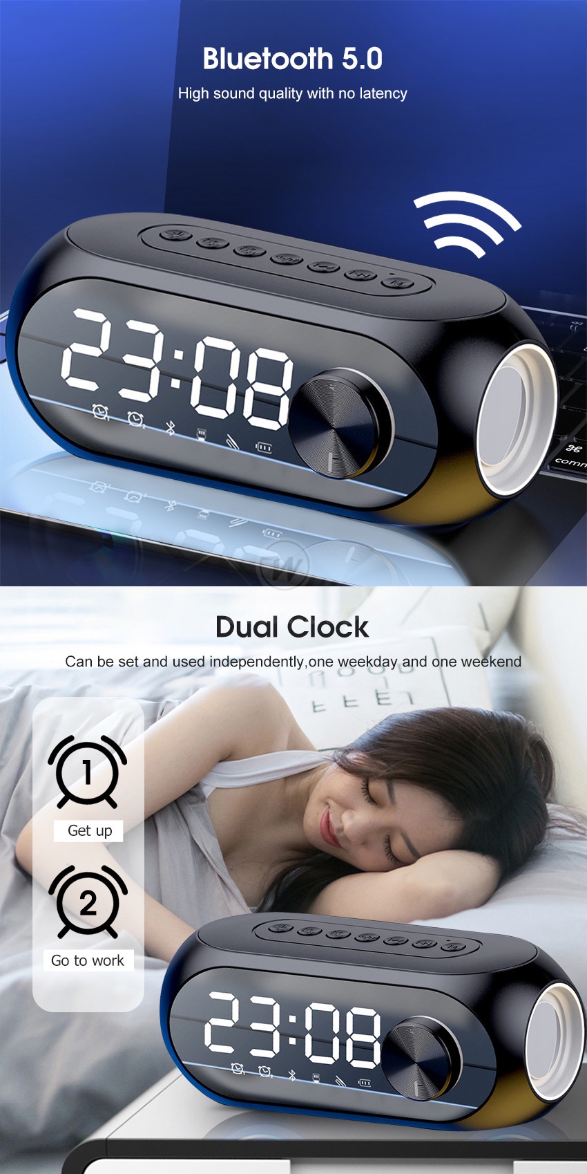 Wiresto Mirror Bluetooth Speaker Alarm Clock Bluetooth Speaker Digital