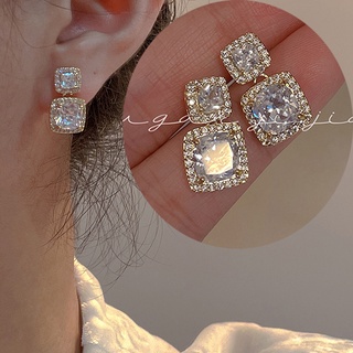Micro-set Zircon Exquisite Temperament Big Diamond Gold-plated Simple Trend Female Small Fairy Silver Needle Square Diamond Earrings Korean Earring