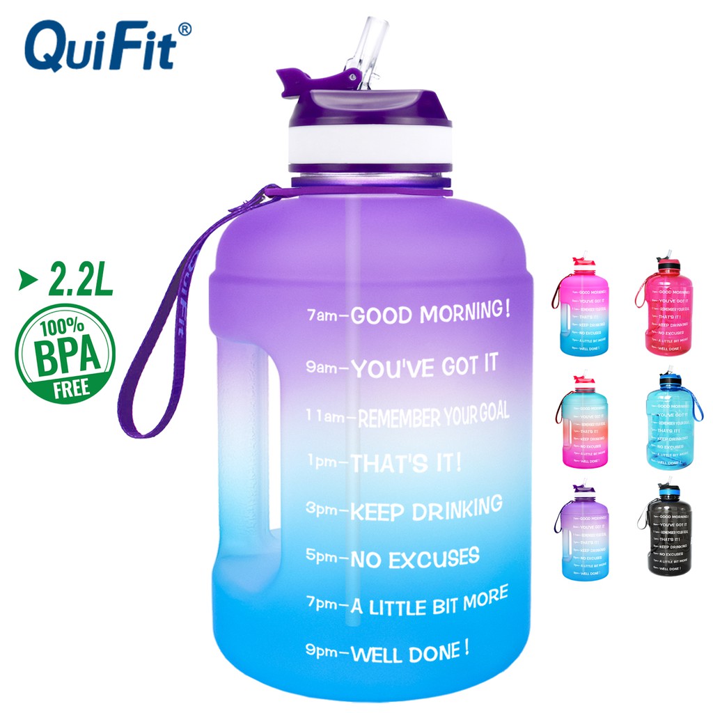QuiFit 2.2L Mid Mouth Half Gallon Motivational Water Bottle with Straw