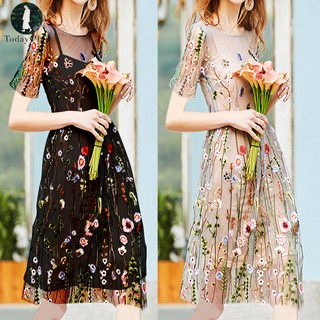 embroidered flower mesh dress