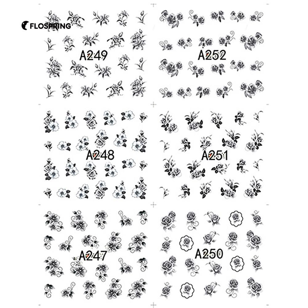 12 Sheets Nail Art Stickers Black Flower Diy Water Transfer Decals Set