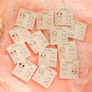 6 Pair Set Crystal Heart Silver Stud Earrings Korea Pearl Women Ear Studs Jewelry Weekly Gifts Hot Sale