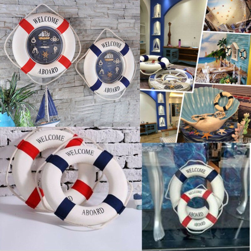 35cm Decorative Nautical Life buoy Ring Clock Wall Hanging Home Decor Red 