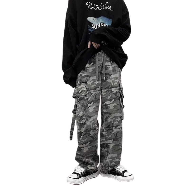 【KT】ins American Retro Overalls Camouflage Washed Trousers Loose Wide-Leg Straight All-Match Sports Casual Pants Men Women Trend