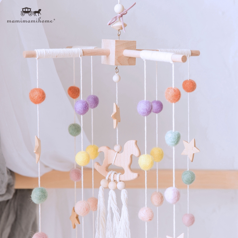 Baby Mobile Wool Felt Balls Wooden Trojan Decor Hanging Pom Pom