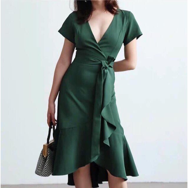 Elegant Plain Shift Wrap And Flounce V Neck Dress Shopee Philippines
