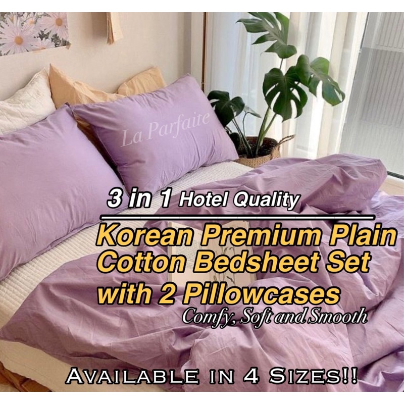 BEDSHEET 3 IN 1 Korean Premium Cotton Plain Bedsheet FULLY GARTERIZED